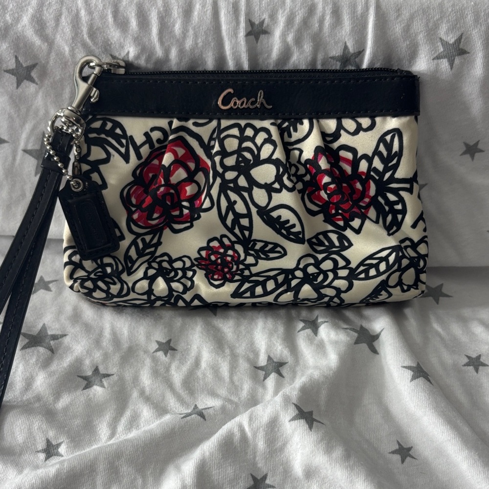 Coach Black and Cream Floral Wristlet with Red Accents